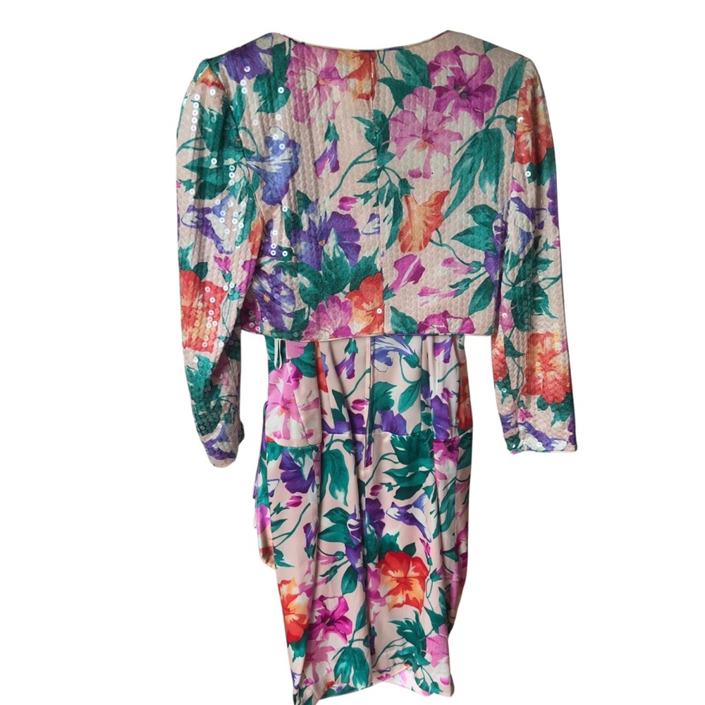 Vintage 80s‎ A.J. Bari Silk Sequin Floral Dress Set Bold Cocktail Party Glam 2 - Picture 3 of 12